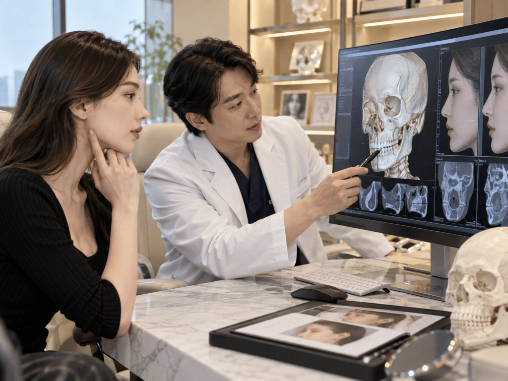 A medical professional in a white coat points at a computer screen displaying skull images while discussing with a patient. The patient, a woman, looks thoughtfully at the screen. The setting is a modern clinic with a marble table and additional anatomical models in the background.
