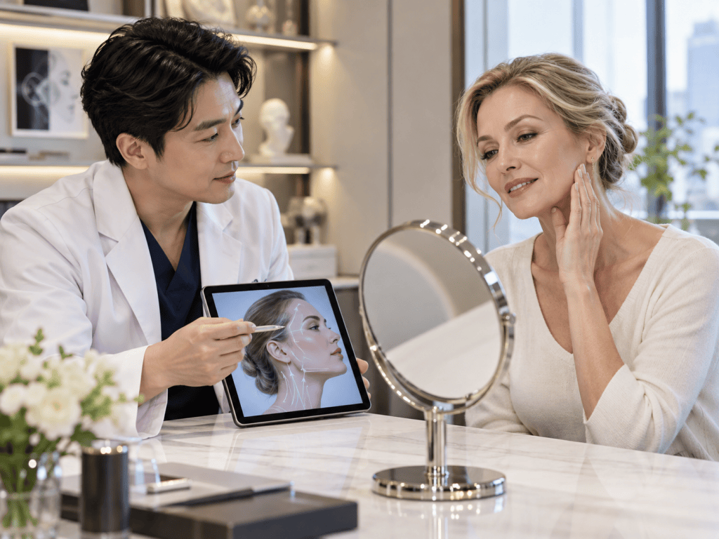 A professional looking aesthetician demonstrates a cosmetic procedure using a tablet, while a woman examines her skin in a mirror, appearing engaged and interested.