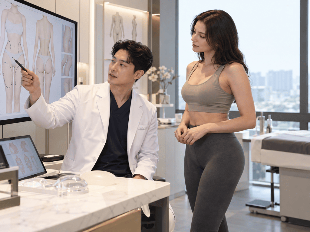 A healthcare professional in a white coat points at a digital display of body diagrams while discussing them with a woman in fitness attire.