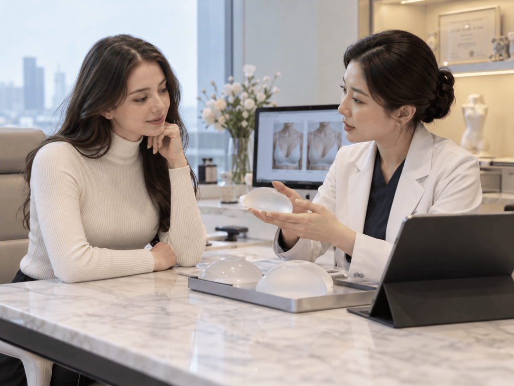 A healthcare professional in a white coat shows a breast implant to a client seated at a table, discussing options in a modern consultation room.