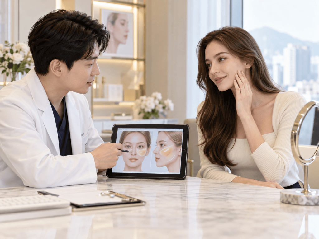 A dermatologist showing a patient a skincare treatment on a tablet, while the patient touches her face, in a bright and modern clinic setting.
