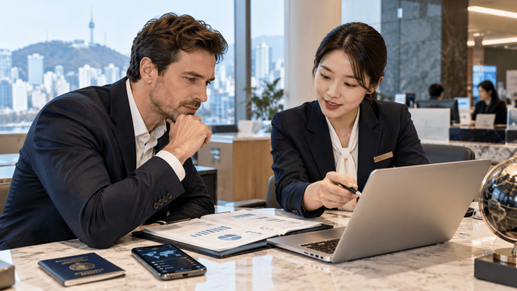 A business meeting between a man and a woman in a modern office setting, discussing data on a laptop with documents and a globe on the table.