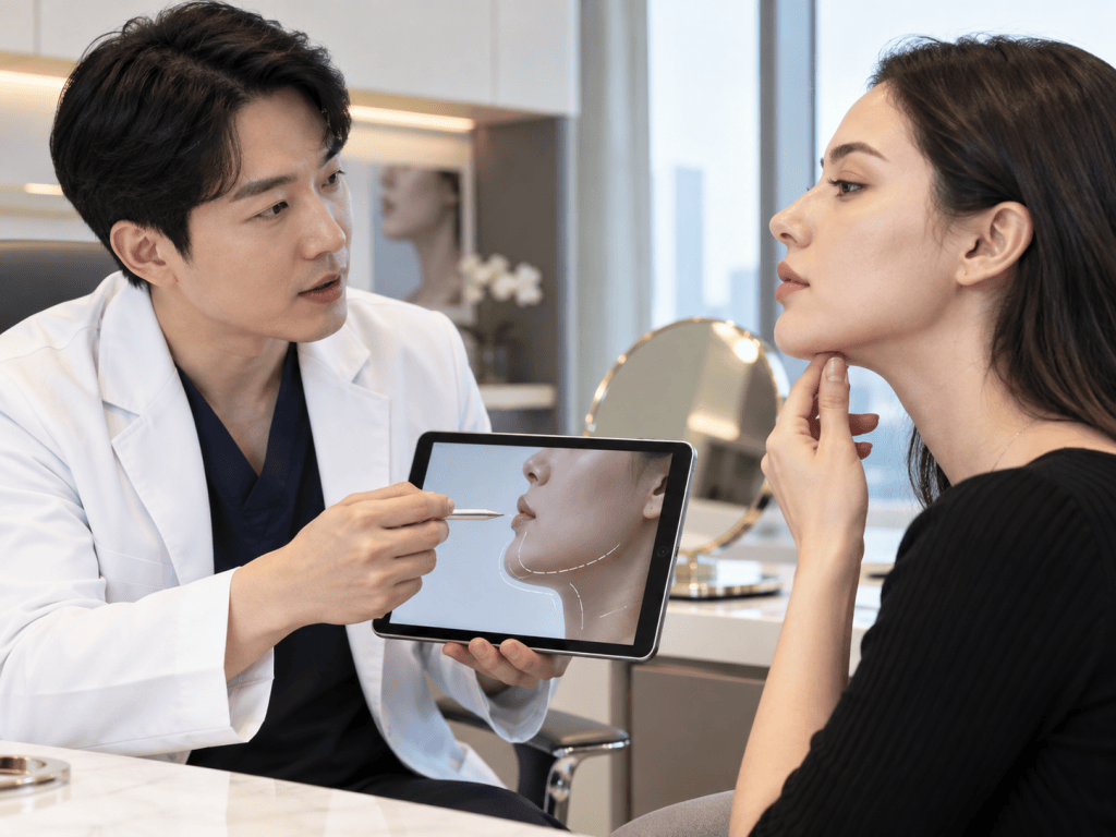 A medical professional discussing aesthetic treatment options with a female client while showing her a digital tablet with an image of her profile.