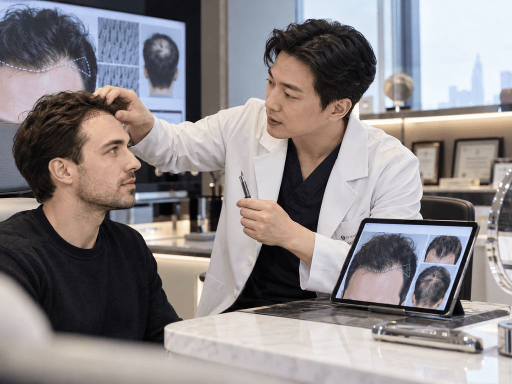A male doctor in a white coat examines a man's hairline during a consultation, with hair loss images displayed on a tablet in front of them.