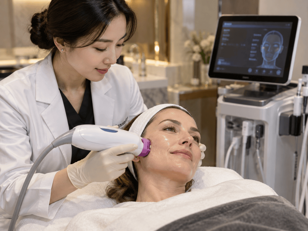 A professional woman in a lab coat provides a facial treatment to a client using a cosmetic device, while another screen displays facial analysis information.
