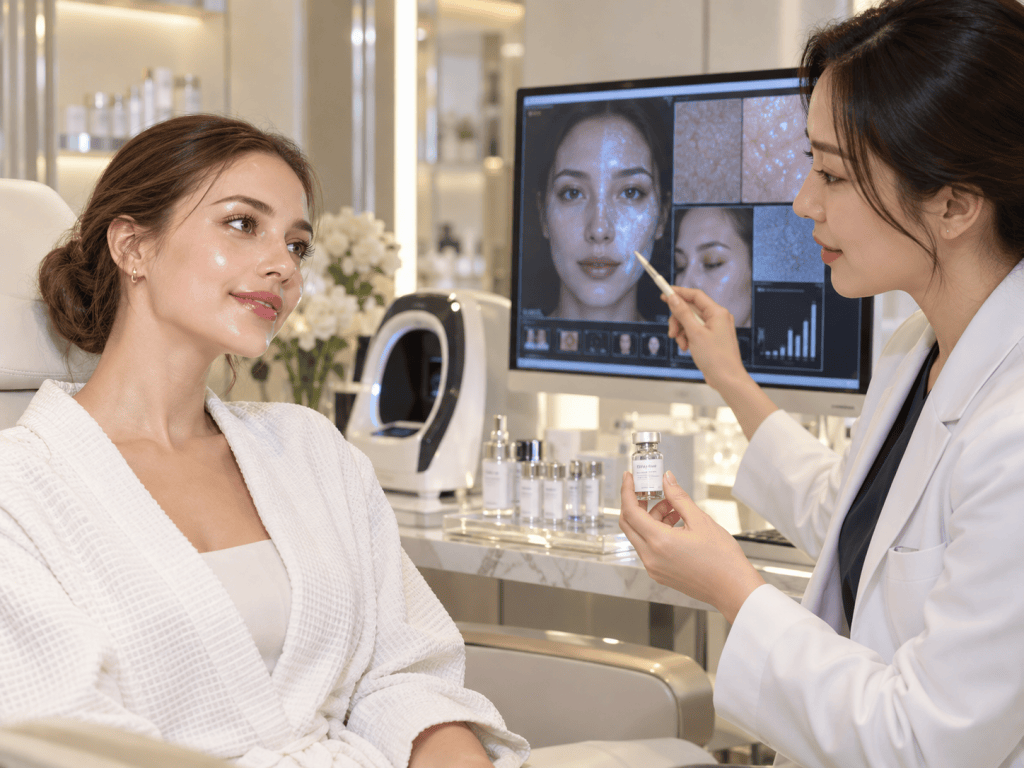 A woman receiving a skincare consultation from a professional in a spa setting, with a monitor displaying facial analysis in the background.