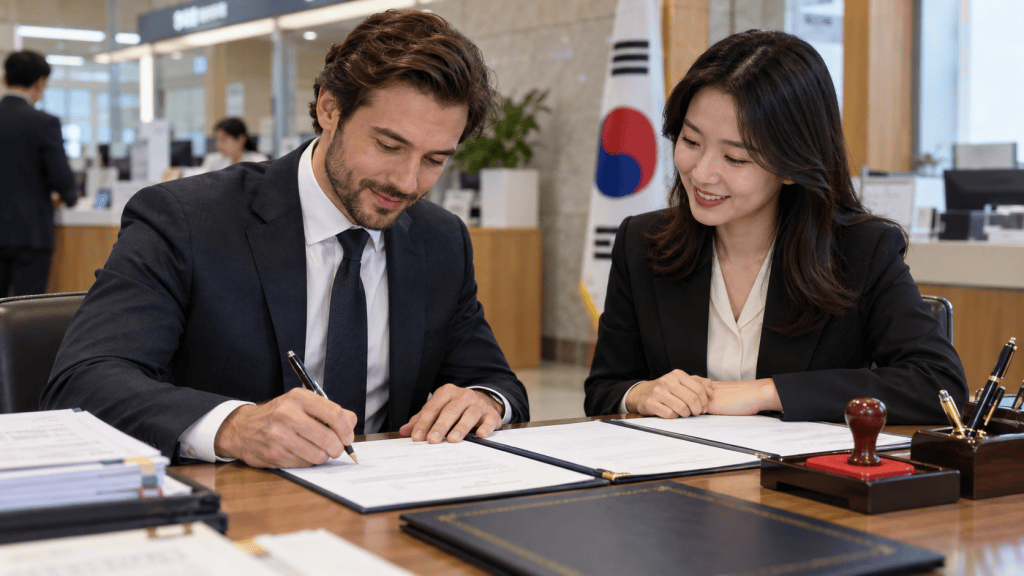 A man in a suit signing documents at a table while a woman in professional attire smiles at him, both engaged in a business discussion in an office setting.