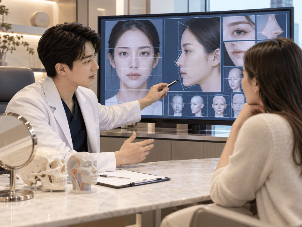 A medical professional in a lab coat explains facial aesthetic treatments to a patient, using a digital screen with images showing facial features and anatomy.