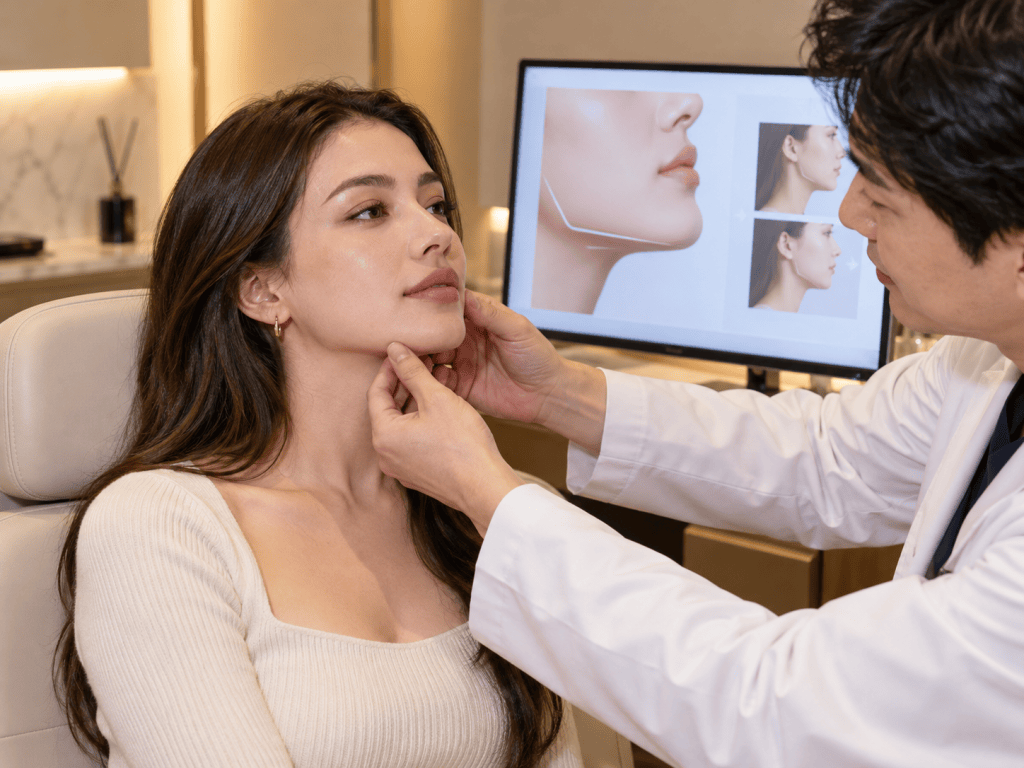 A young woman sits in a consultation chair as a medical professional examines her jawline, with a digital display showing facial profile images in the background.