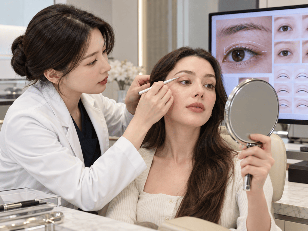 A beauty professional applying makeup to a client in a modern cosmetic studio, with a focus on the client's eyes. The client is holding a handheld mirror while observing the application, and a digital screen in the background displays various eye makeup styles.