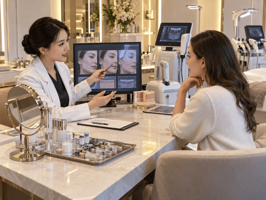 A skincare professional in a white coat discusses treatment options with a client, using a digital screen to show before and after images of facial treatments. The consultation takes place in a modern aesthetic clinic, with various skincare products displayed on the table.