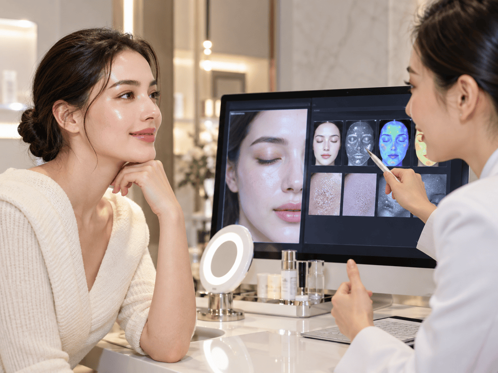 A woman with a thoughtful expression sits at a table, resting her chin on her hand while looking at a computer screen. Another woman in a white coat is pointing at images on the screen, which display facial features and skin analysis.