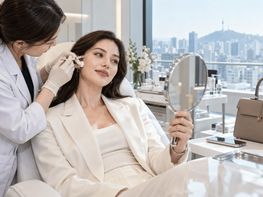 A woman receiving a cosmetic injection while looking into a hand mirror, seated in a modern aesthetic clinic with a city skyline view.