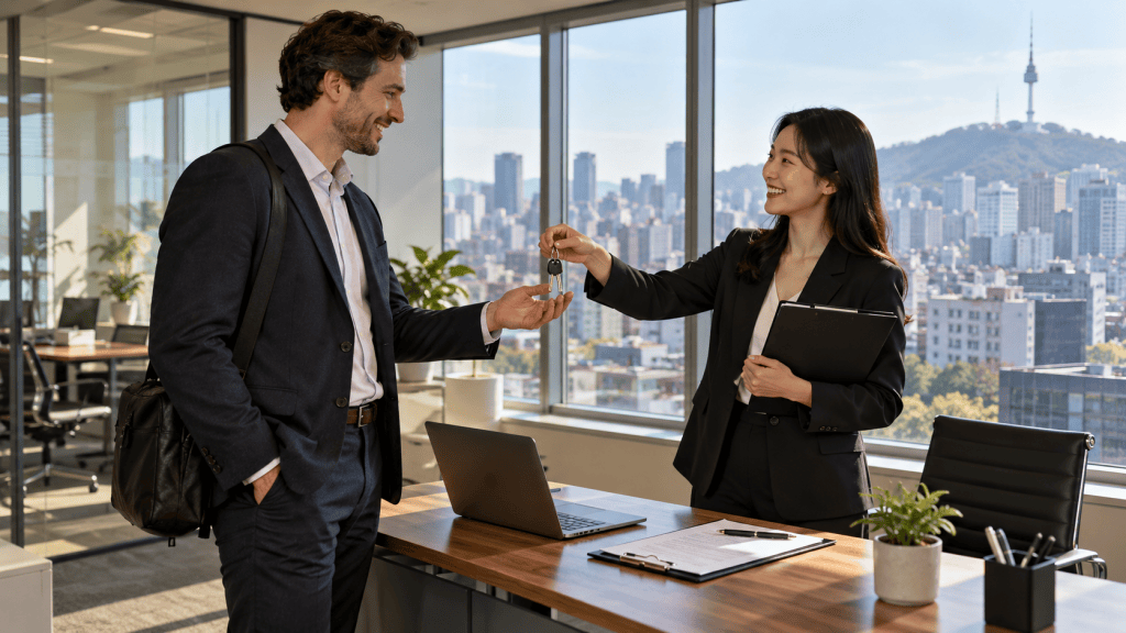 A man in a suit smiling as a woman in formal attire hands him keys in a modern office with a city view.