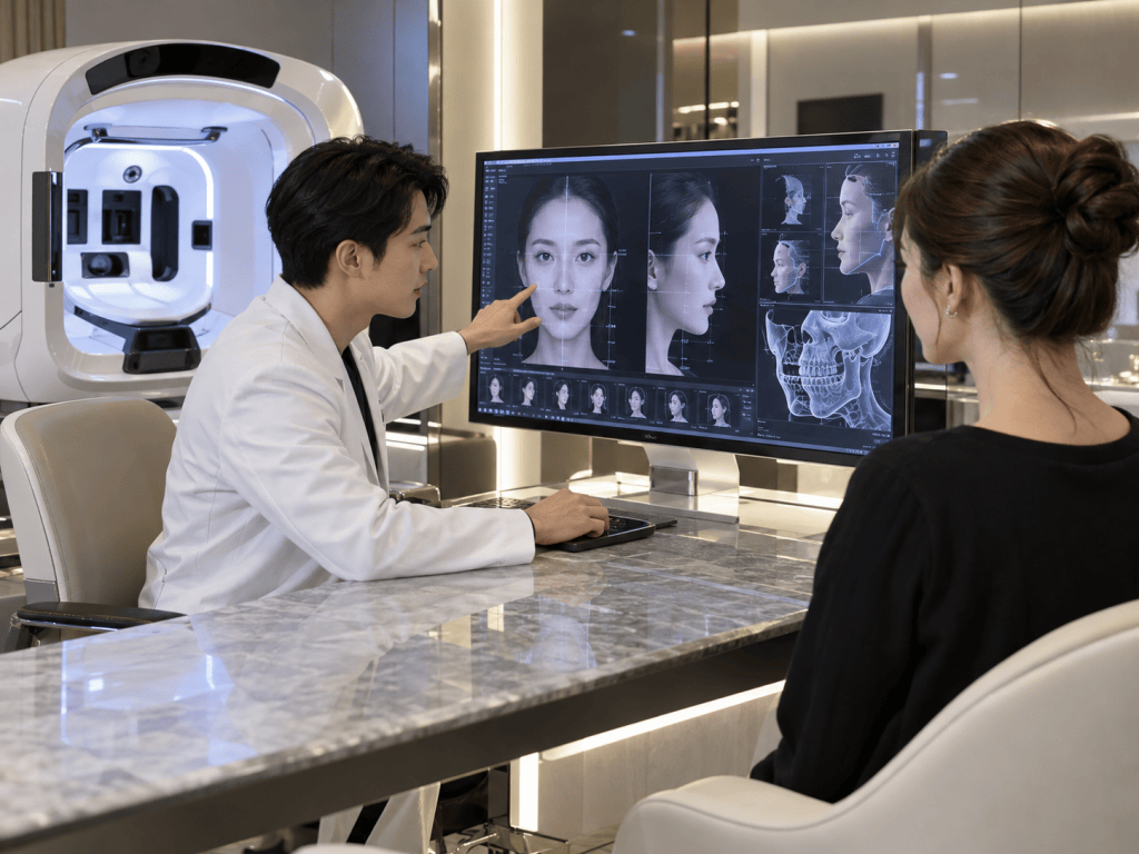 A medical professional showing facial imaging and analysis on a monitor to a patient in a modern clinic setting.