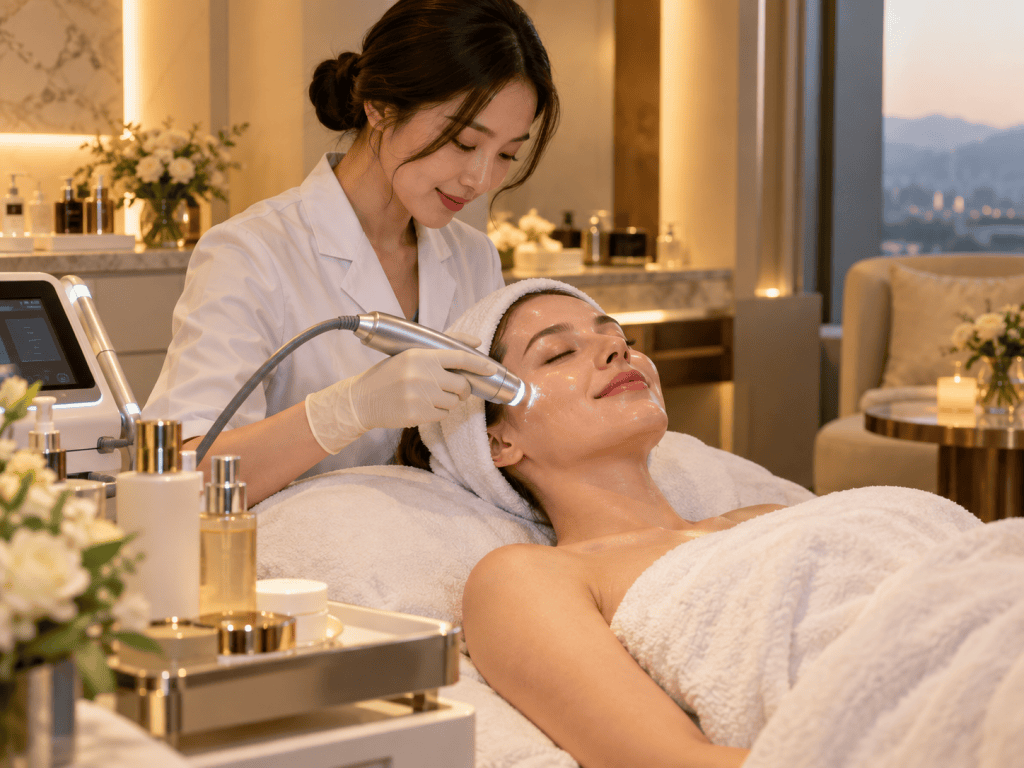 A skincare professional performing a facial treatment on a client, who is relaxed on a treatment table with a towel. The setting is a modern spa with elegant decor and soft lighting.