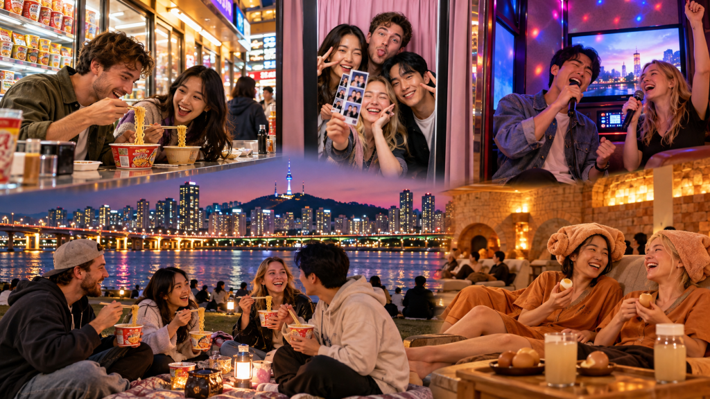 A collage of friends enjoying various activities: sharing ramen at an outdoor food stall, laughing while taking photos, singing karaoke, and relaxing by the riverside at sunset while sipping beverages.