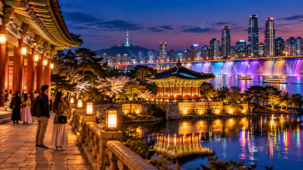 A scenic view of a traditional Korean pavilion at night, illuminated by lanterns, with a vibrant city skyline and a river featuring colorful lights in the background. Two people stand in the foreground, admiring the view.