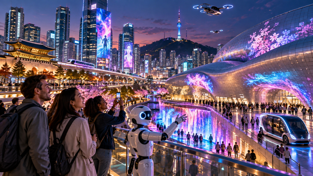A futuristic cityscape at dusk with illuminated skyscrapers, showcasing vibrant digital displays. In the foreground, a group of people admires the view alongside a robot, with a drone flying overhead and a self-driving vehicle visible. Cherry blossom trees add a touch of nature amid the urban setting.