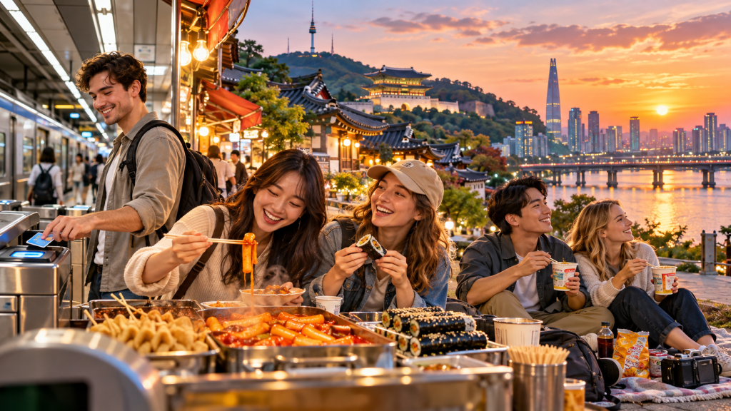 A group of four friends enjoying street food at sunset, with city skyline and river in the background. One friend serves food while the others relax and eat.