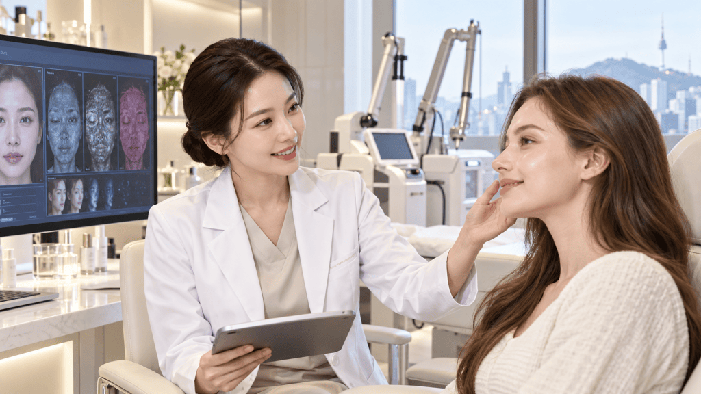 A skincare professional in a white lab coat consults with a client in a modern clinic, discussing skin assessments displayed on a large monitor.