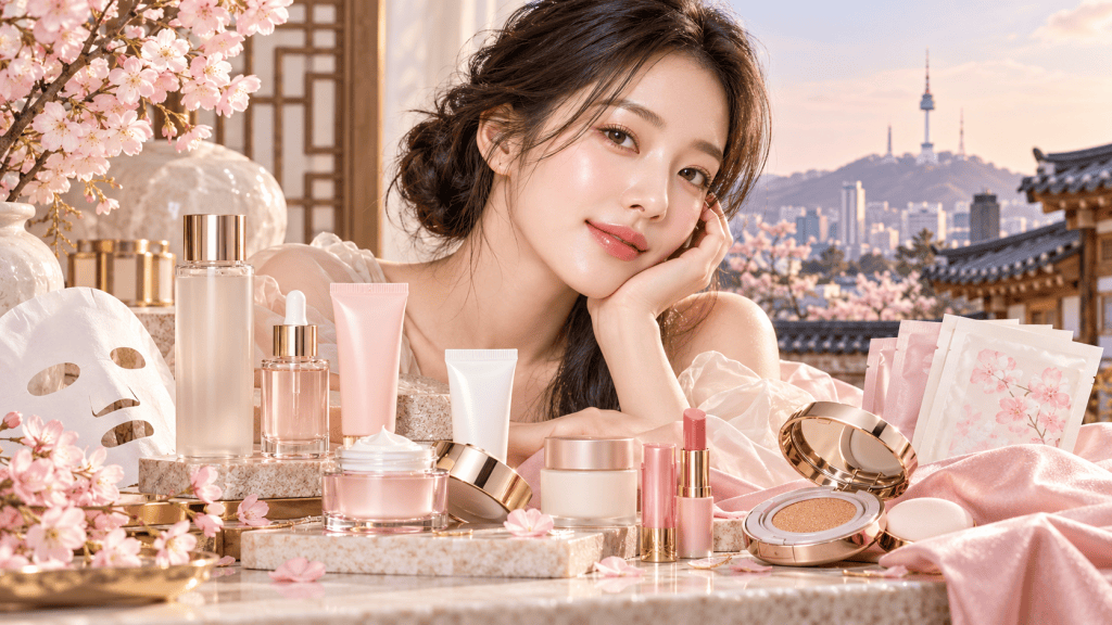 A young woman with long dark hair poses with skincare and cosmetic products surrounded by cherry blossoms, with a traditional Korean backdrop in the distance.