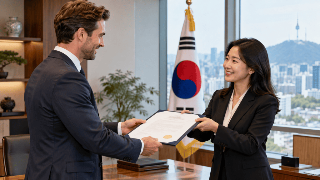 A man in a suit smiles while handing a document to a woman in a black suit, standing in a modern office with a view of a cityscape and a South Korean flag in the background.