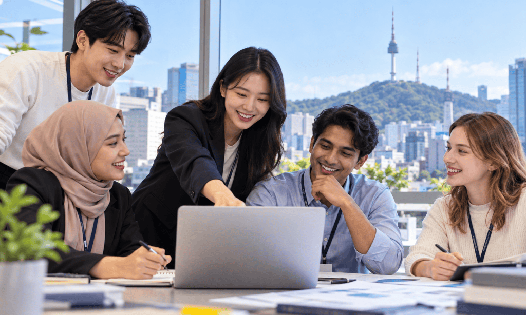 A diverse group of five professionals engaged in a collaborative discussion around a laptop in a modern office, with a cityscape view in the background.