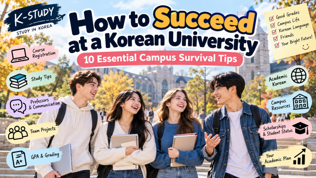 A group of three young adults smiling and talking on a university campus surrounded by trees with autumn foliage. The text on the image reads 'How to Succeed at a Korean University' and includes various tips for academic success.