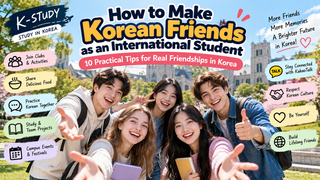A group of young international students smiling and posing together outdoors, with a backdrop of a historical building and greenery, accompanied by colorful text about making friends in Korea.
