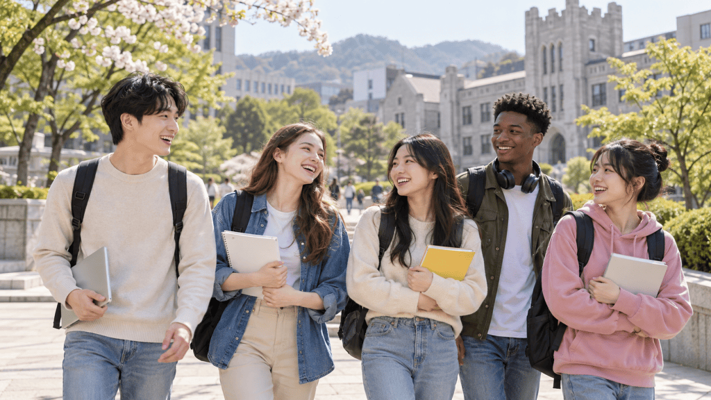 A group of five diverse students walking and smiling together on a university campus, surrounded by blooming trees and historic buildings.