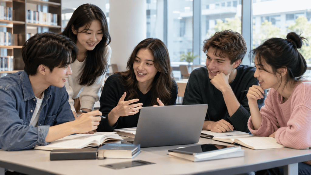 A group of five young adults collaborating around a laptop in a study environment, discussing and sharing ideas.
