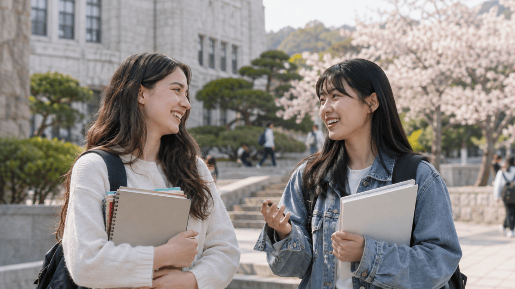 Two students smiling and talking to each other while holding books, with cherry blossom trees in the background.