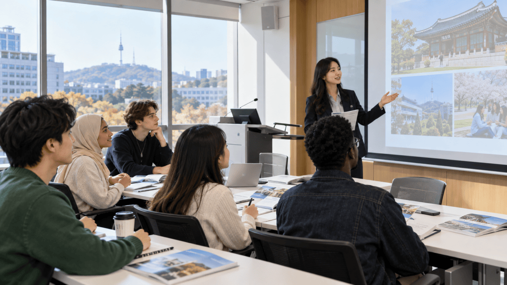 A diverse group of students attentively listening to a female instructor presenting in a modern classroom, with a scenic view of a cityscape and mountains in the background.