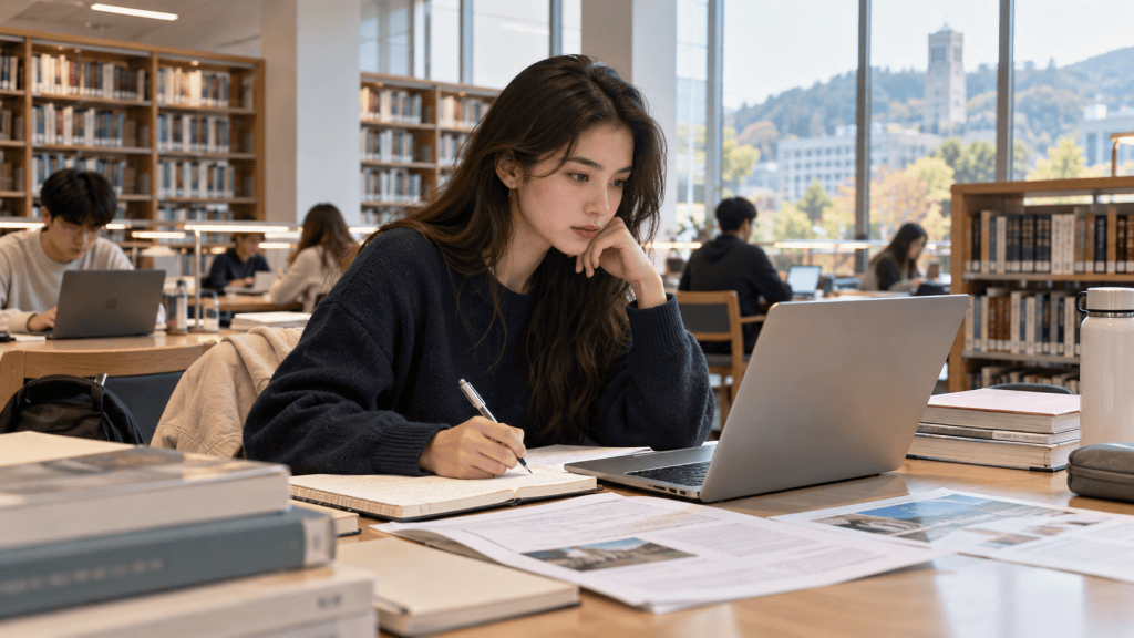 A student studying in a library, focused on a laptop with a notebook and pen in front of her. Other students are also visible in the background, engaged in their studies.
