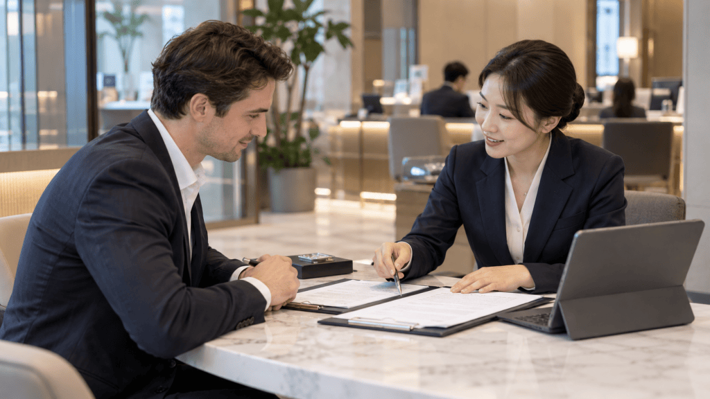 A business meeting between a man and a woman, both dressed in professional attire, discussing documents at a marble table in a modern office environment.