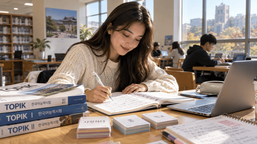 A young woman studying in a library, writing in her notebook with textbooks titled 'TOPIK' stacked nearby. A laptop and study materials are also on the table.