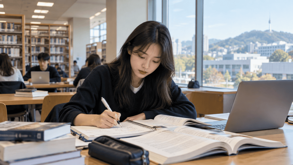 A student studying in a library, writing notes in a notebook and surrounded by textbooks, with a laptop open on the table and a view of a cityscape through the window.