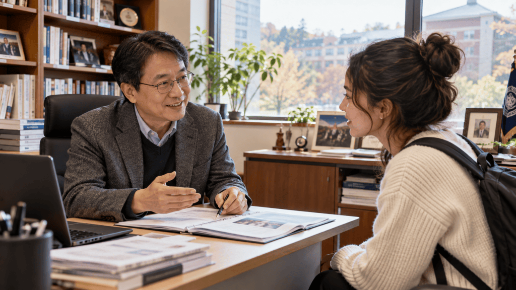 A male professor talks to a female student in an office, with bookshelves and plants in the background.