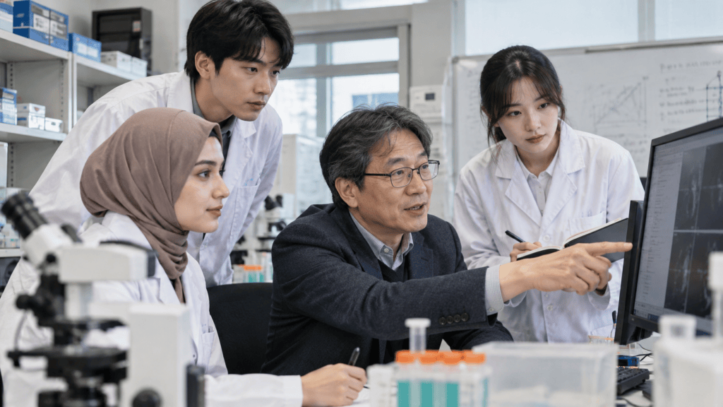 A diverse group of four scientists in lab coats gather around a computer, discussing research findings. They appear engaged and focused on the screen.