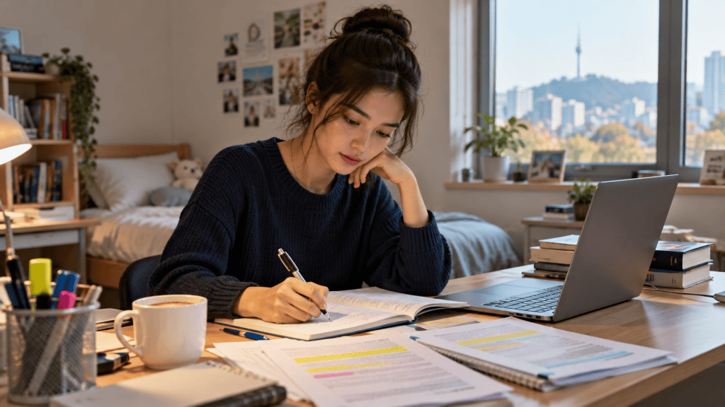 A young woman studying at a desk with books and a laptop in a cozy room, focusing on her notes with a cup of coffee nearby.