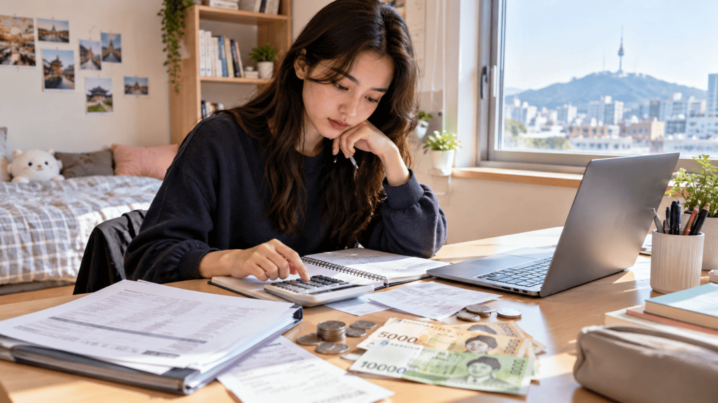 A young woman sitting at a desk, using a calculator while reviewing financial documents and currency notes, with a laptop in front of her and a city view outside the window.