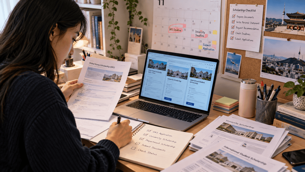 A student reviewing scholarship applications at a desk, surrounded by printed materials and a laptop displaying scholarship information, with a calendar and notes in the background.