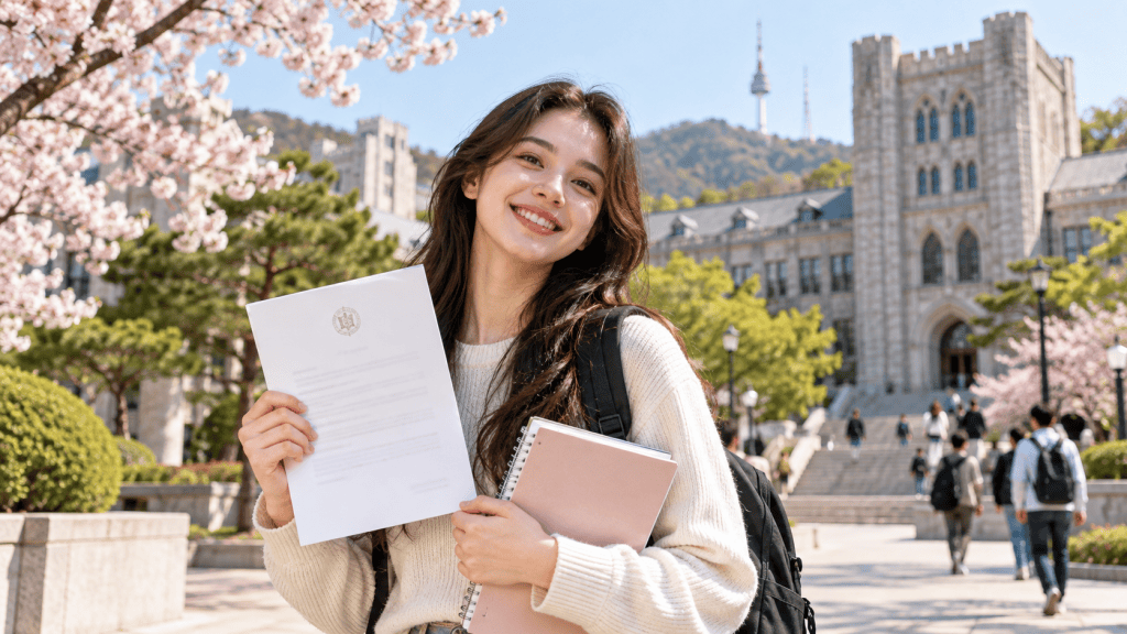A smiling student holding a document and a notebook, standing in front of a university building surrounded by blooming cherry blossom trees.