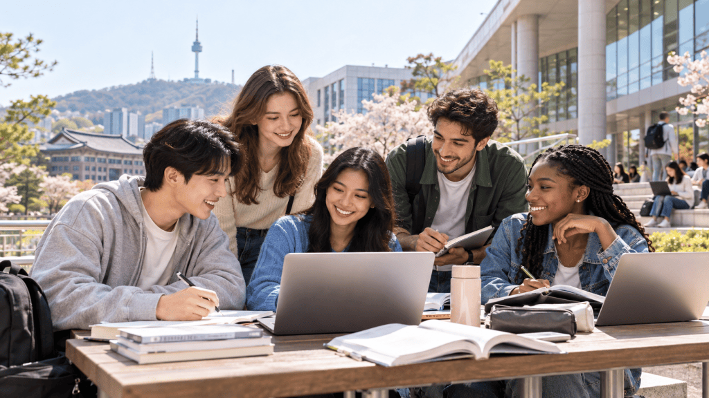 Group of diverse students studying together outdoors with laptops and notebooks, surrounded by cherry blossom trees and a city landscape in the background.
