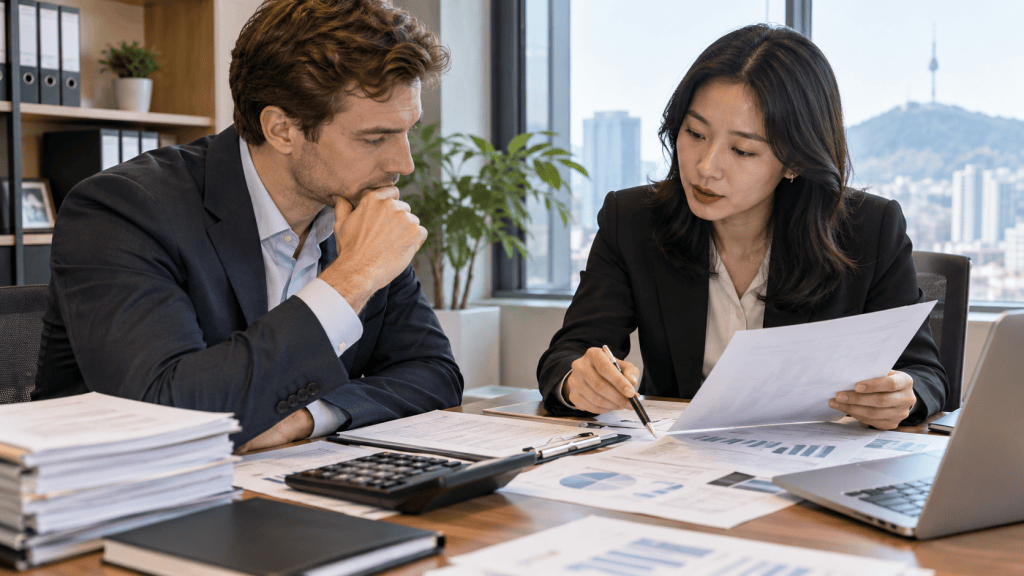 A professional man and woman reviewing financial documents and charts at a desk in an office with a city view.
