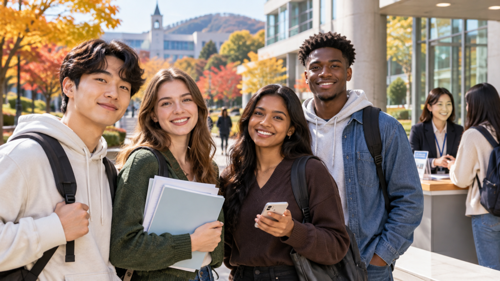 Four diverse college students smiling together outdoors, surrounded by autumn foliage. The background features a university building and a student at a desk.