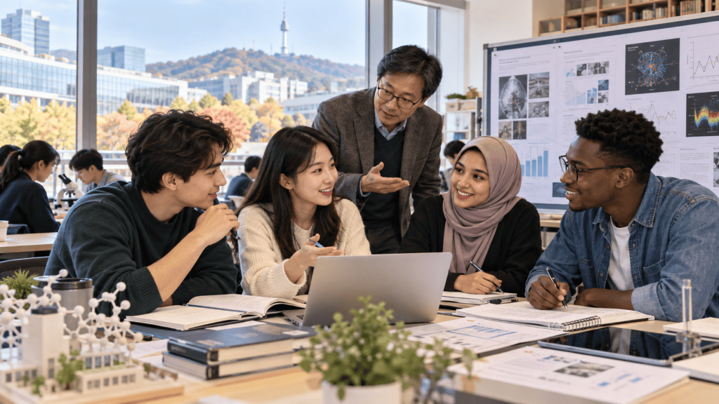 A diverse group of five students engaged in a collaborative discussion around a laptop in a classroom setting, with a teacher guiding them.