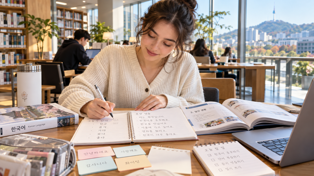 A young woman studying in a library, writing in a notebook with Korean language materials and textbooks on the table. A laptop is open beside her, and there are colorful sticky notes with Korean phrases. In the background, a view of trees and buildings can be seen through large windows.