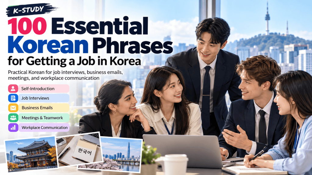 A group of young professionals in business attire engaged in a discussion around a laptop, with a cityscape featuring a tower in the background. The image promotes '100 Essential Korean Phrases for Getting a Job in Korea' highlighting topics like self-introduction, job interviews, and workplace communication.
